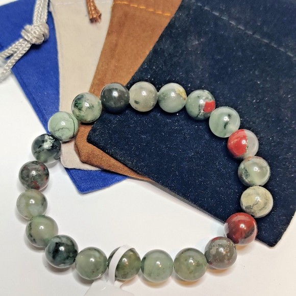 African Bloodstone Stretch Bracelet 8mm round natural stone w/ felt pouch-B818 - Picture 3 of 11